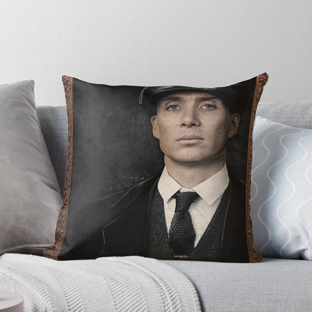 A cozy throw pillow featuring a portrait of Thomas "Tommy" Shelby, the iconic character from the Peaky Blinders TV series, played by actor Cillian Murphy.