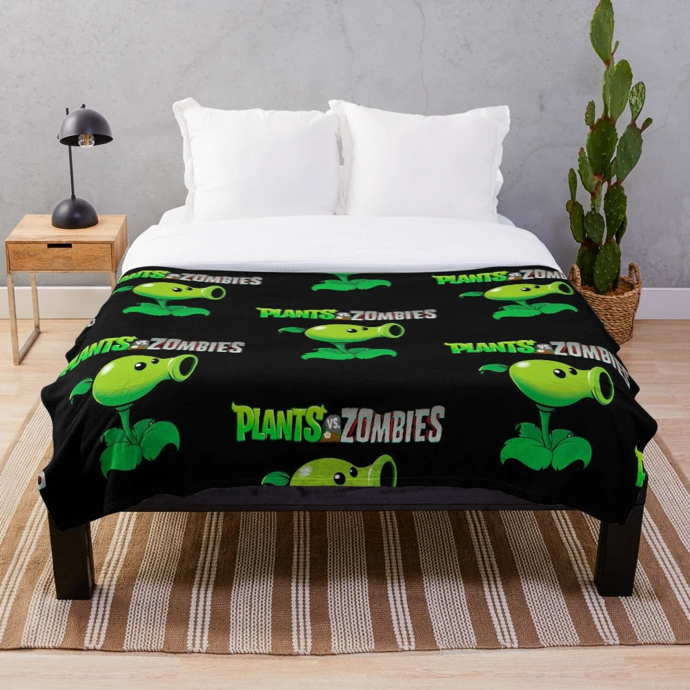 Peashooter-inspired plush blanket featuring the iconic Plants vs Zombies character