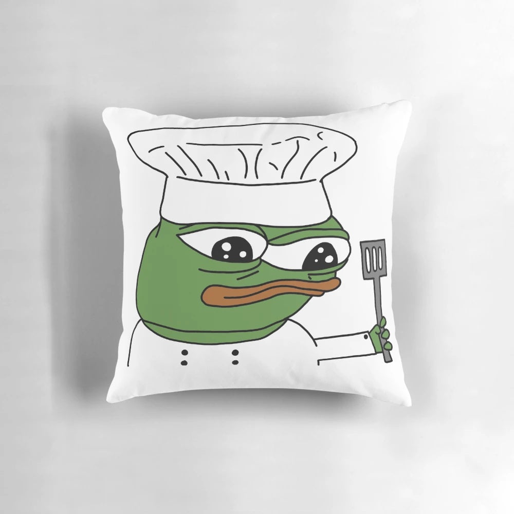 A plush, decorative pillow featuring the popular Peepo meme character wearing a chef's hat.