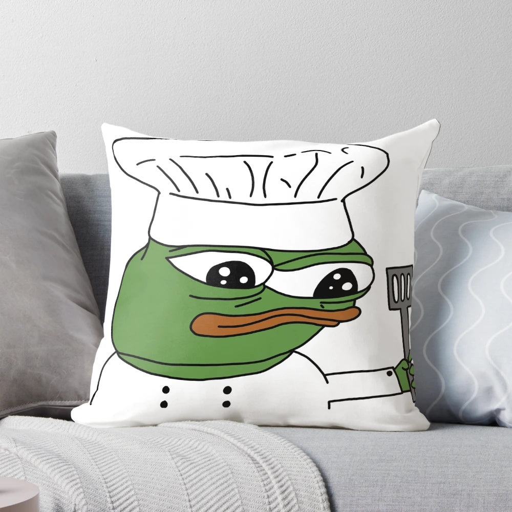 A plush, decorative pillow featuring the popular Peepo meme character wearing a chef's hat.