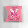 A pink and sparkly pegasus-themed pillow with the text "KIND OF A MESS" on it, representing self-love and acceptance.