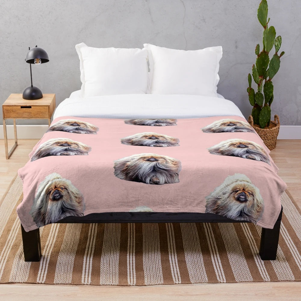 Pekingese dog running on a plush blanket