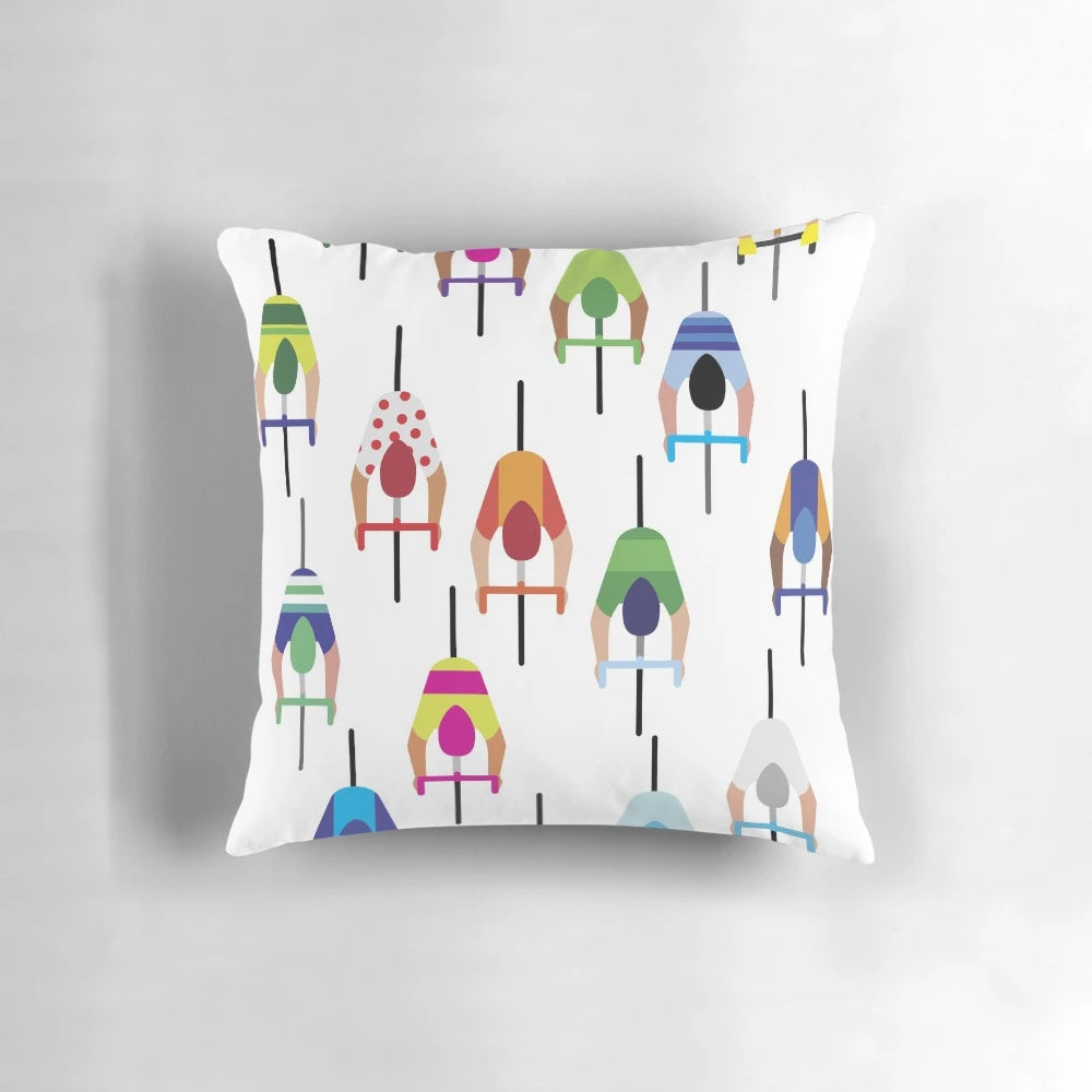 Peloton cyclists pillow with group of cyclists and road bikes