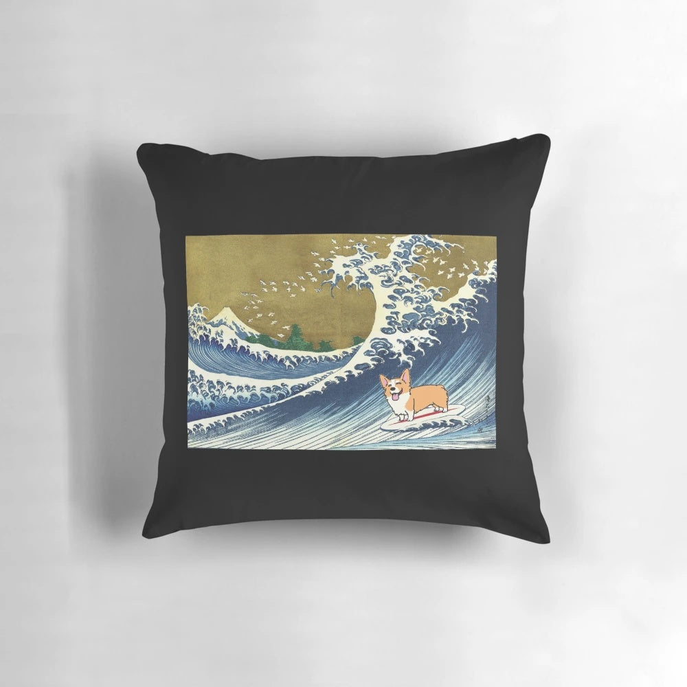Corgi dog surfing The Great Wave printed on a soft, plush pillow