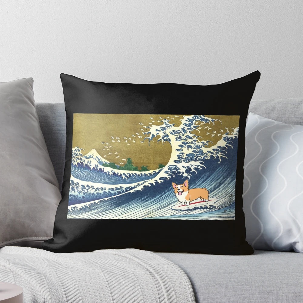 Corgi dog surfing The Great Wave printed on a soft, plush pillow