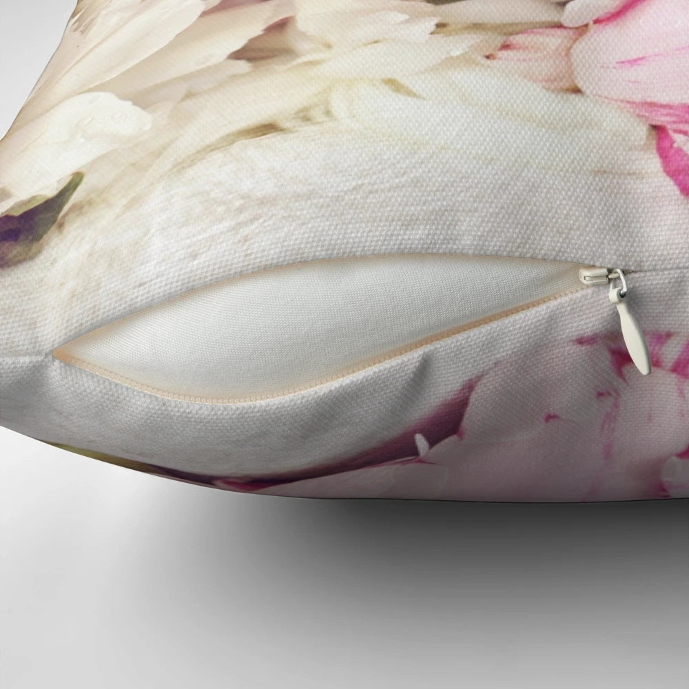 Peony flowers in bloom on a white pillow, a shabby chic home decor accent.