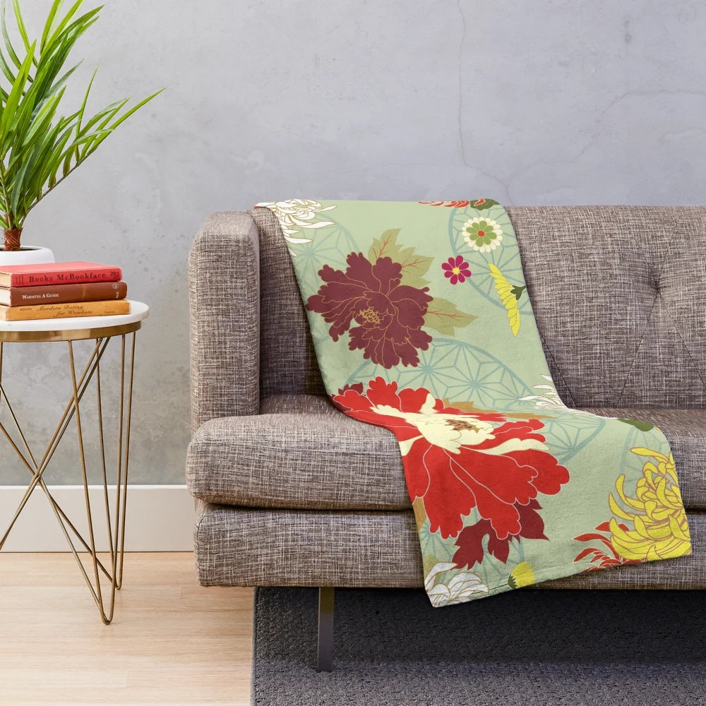 Peony floral plush blanket with traditional Japanese-style patterns
