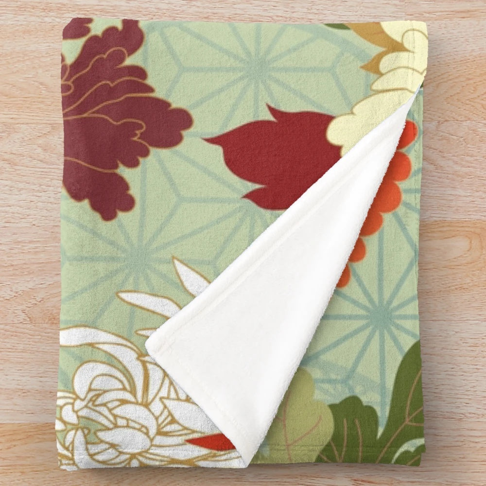 Peony floral plush blanket with traditional Japanese-style patterns