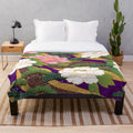Peony floral plush blanket with Japanese-inspired textile design