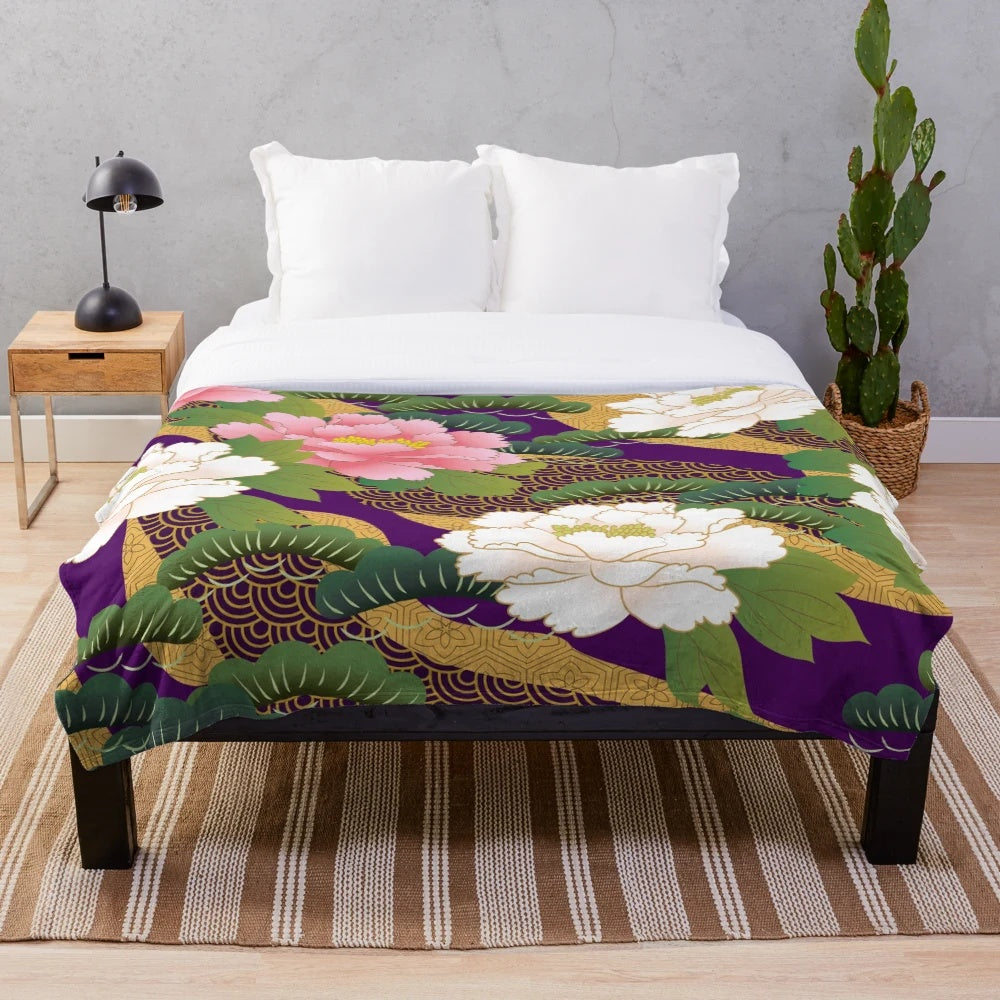 Peony floral plush blanket with Japanese-inspired textile design