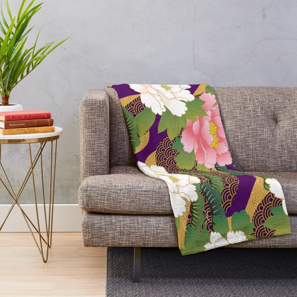 Peony floral plush blanket with Japanese-inspired textile design