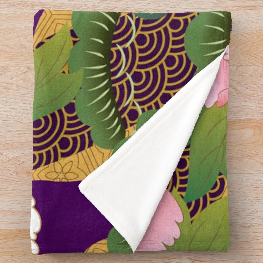 Peony floral plush blanket with Japanese-inspired textile design