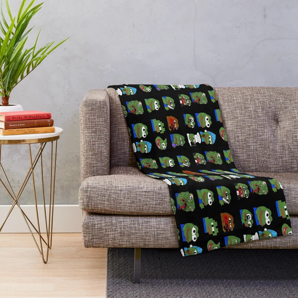 A pepe peepo themed plush blanket featuring various internet meme characters and emotes.