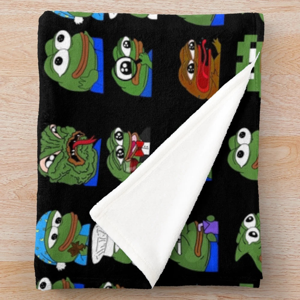 A pepe peepo themed plush blanket featuring various internet meme characters and emotes.