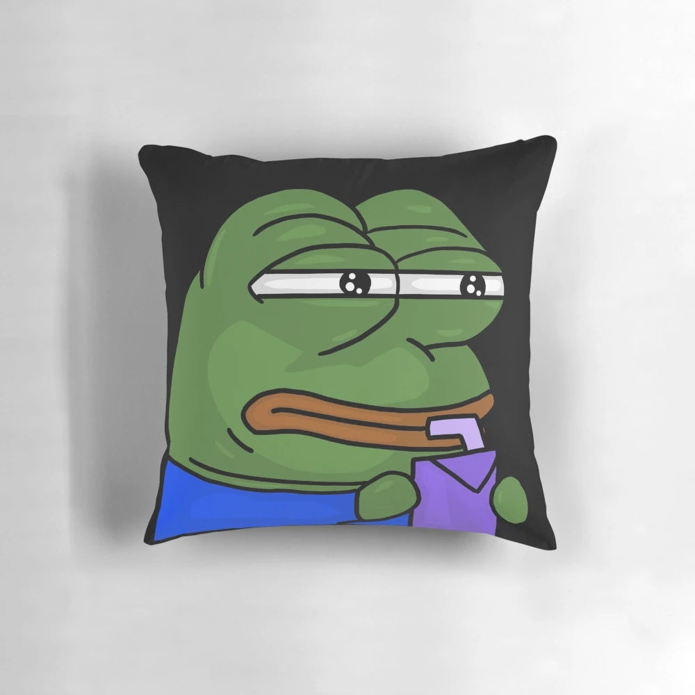 A soft, plush pillow featuring the iconic Pepe the Frog meme character sipping a drink in a skeptical, suspicious pose.