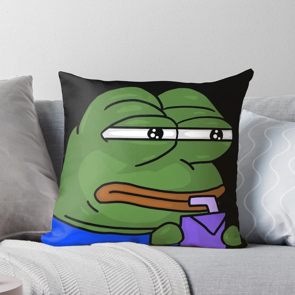 A soft, plush pillow featuring the iconic Pepe the Frog meme character sipping a drink in a skeptical, suspicious pose.