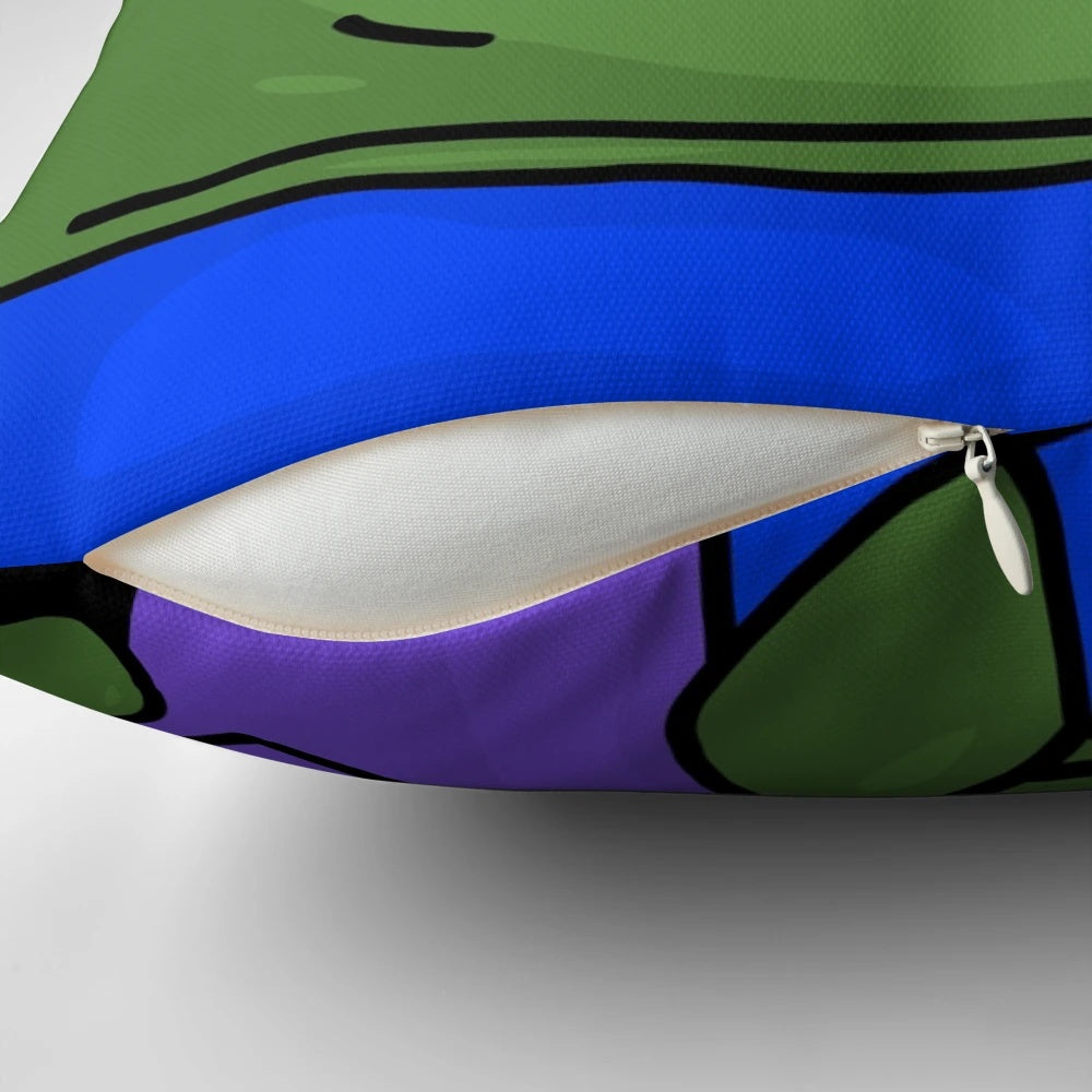 A soft, plush pillow featuring the iconic Pepe the Frog meme character sipping a drink in a skeptical, suspicious pose.