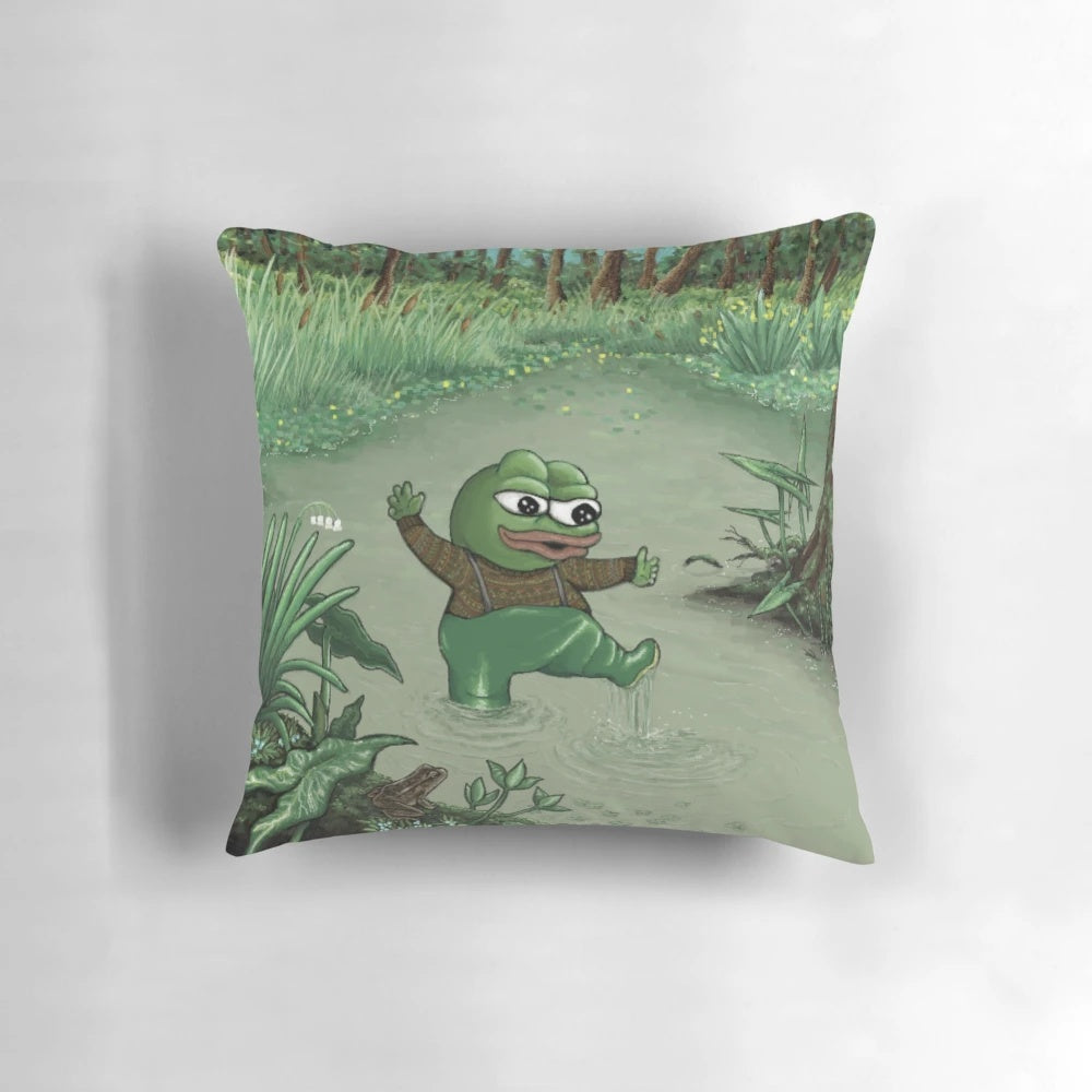 Happy and vibrant Pepe the Frog printed on a soft, plush pillow