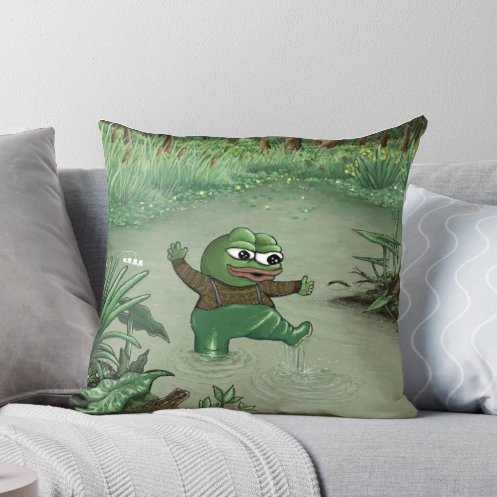 Happy and vibrant Pepe the Frog printed on a soft, plush pillow