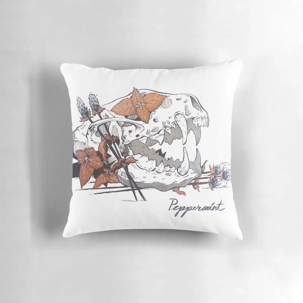 A plush, peppermint-scented pillow with a whimsical skunk skull design, perfect for Gothic and Witchy home decor.