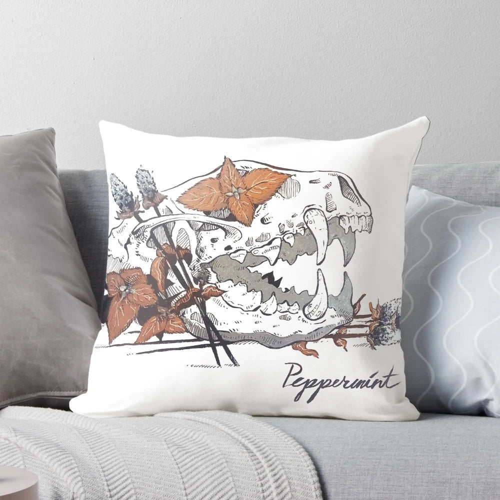 A plush, peppermint-scented pillow with a whimsical skunk skull design, perfect for Gothic and Witchy home decor.