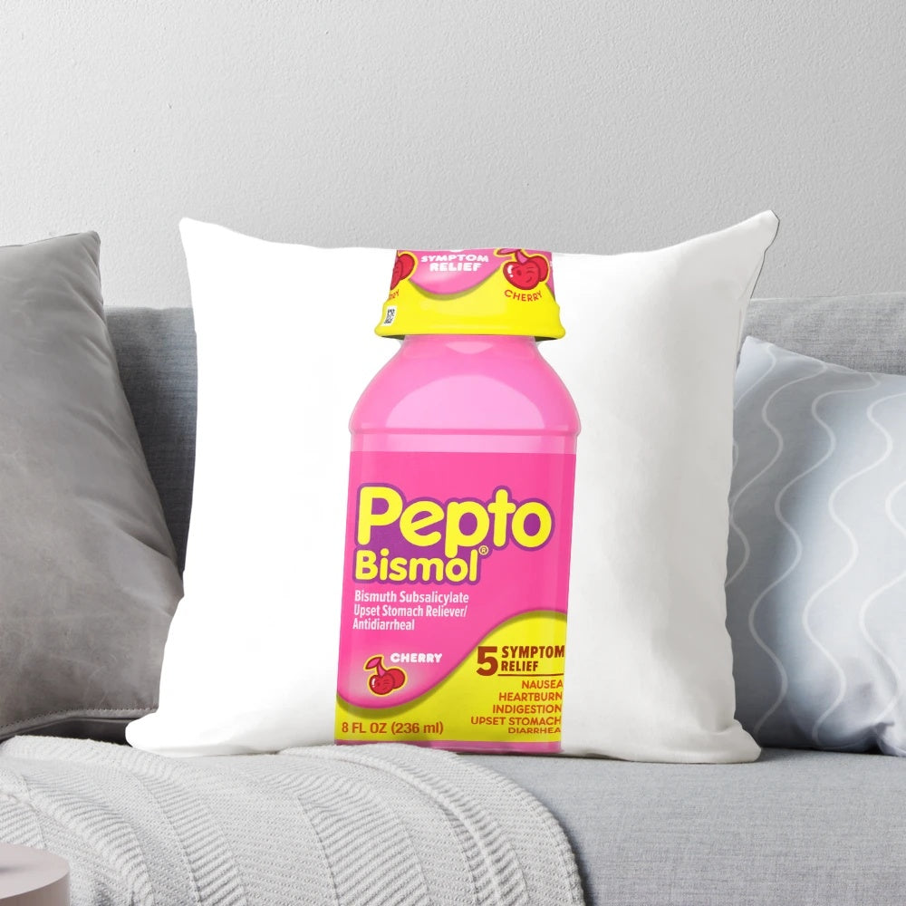 A plush, comfortable pillow designed with the iconic Pepto Bismol logo, perfect for a good night's sleep.