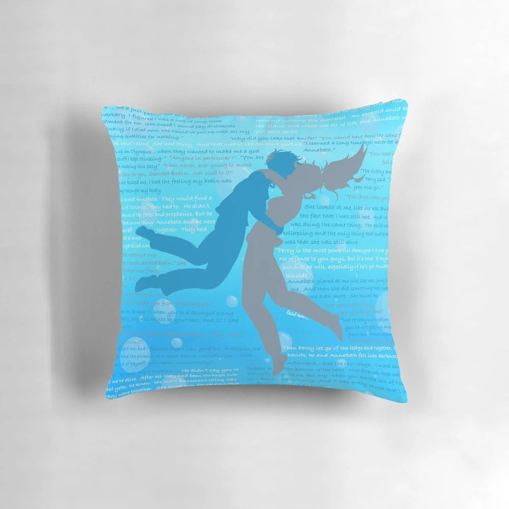 Percabeth Quotes Pillow featuring silhouettes of Percy Jackson and Annabeth Chase from the Percy Jackson book series