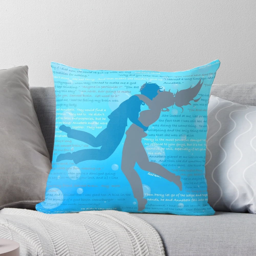 Percabeth Quotes Pillow featuring silhouettes of Percy Jackson and Annabeth Chase from the Percy Jackson book series