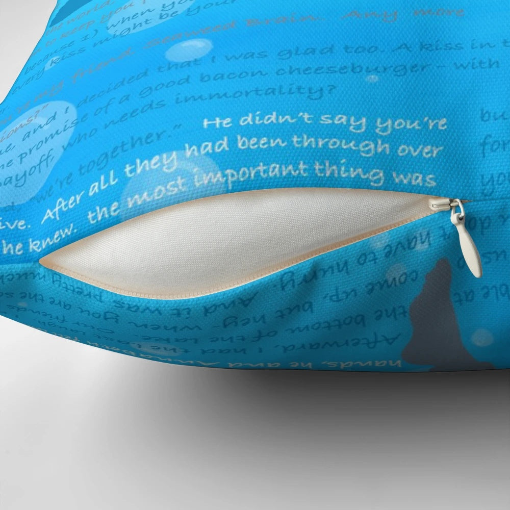 Percabeth Quotes Pillow featuring silhouettes of Percy Jackson and Annabeth Chase from the Percy Jackson book series