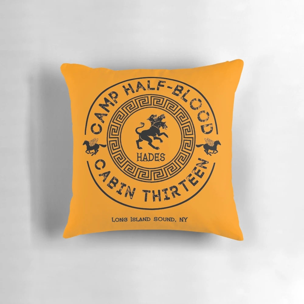 Soft, cozy pillow featuring the Cabin Thirteen logo and Hades design from the Percy Jackson series.