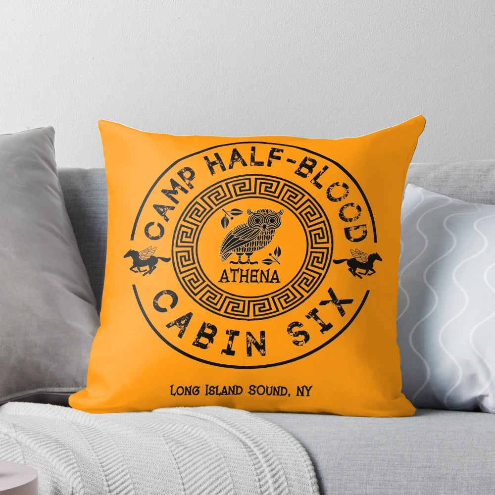Cozy custom-made pillow featuring the Athena cabin insignia and characters from the Percy Jackson series.