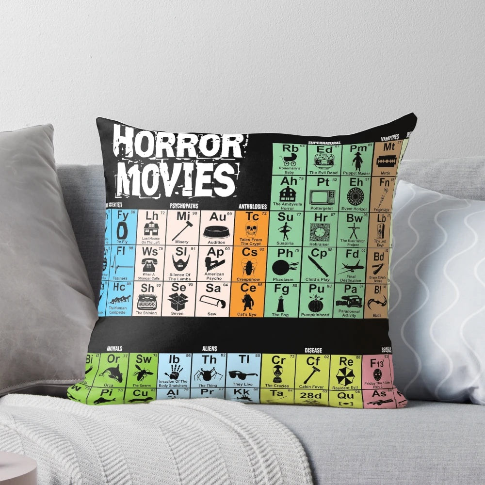 Periodic Table of Horror Movies design on a throw pillow, featuring iconic horror movie references.