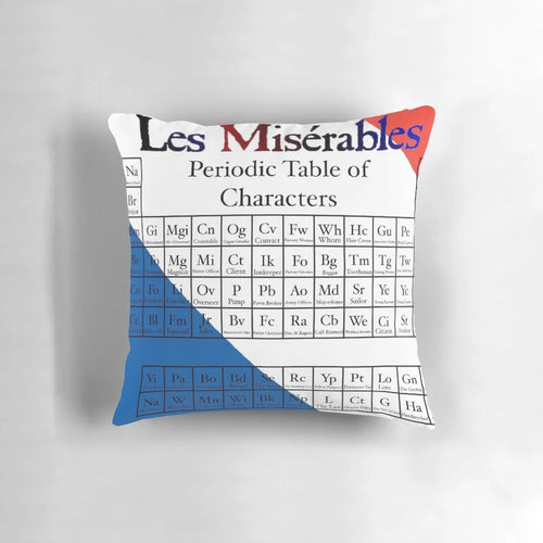 "Les Miserables Periodic Table of Characters Pillow featuring the beloved characters from the classic novel"