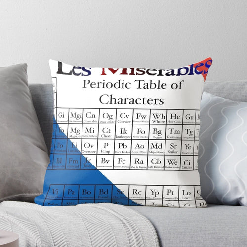 "Les Miserables Periodic Table of Characters Pillow featuring the beloved characters from the classic novel"