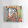 Watercolor illustration of Persephone, the Greek goddess of spring, on a decorative pillow.