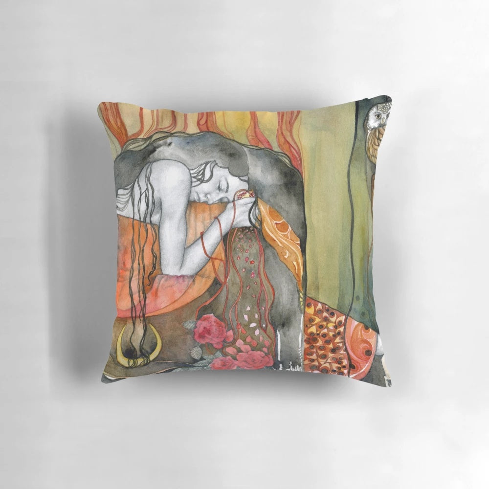 Watercolor illustration of Persephone, the Greek goddess of spring, on a decorative pillow.