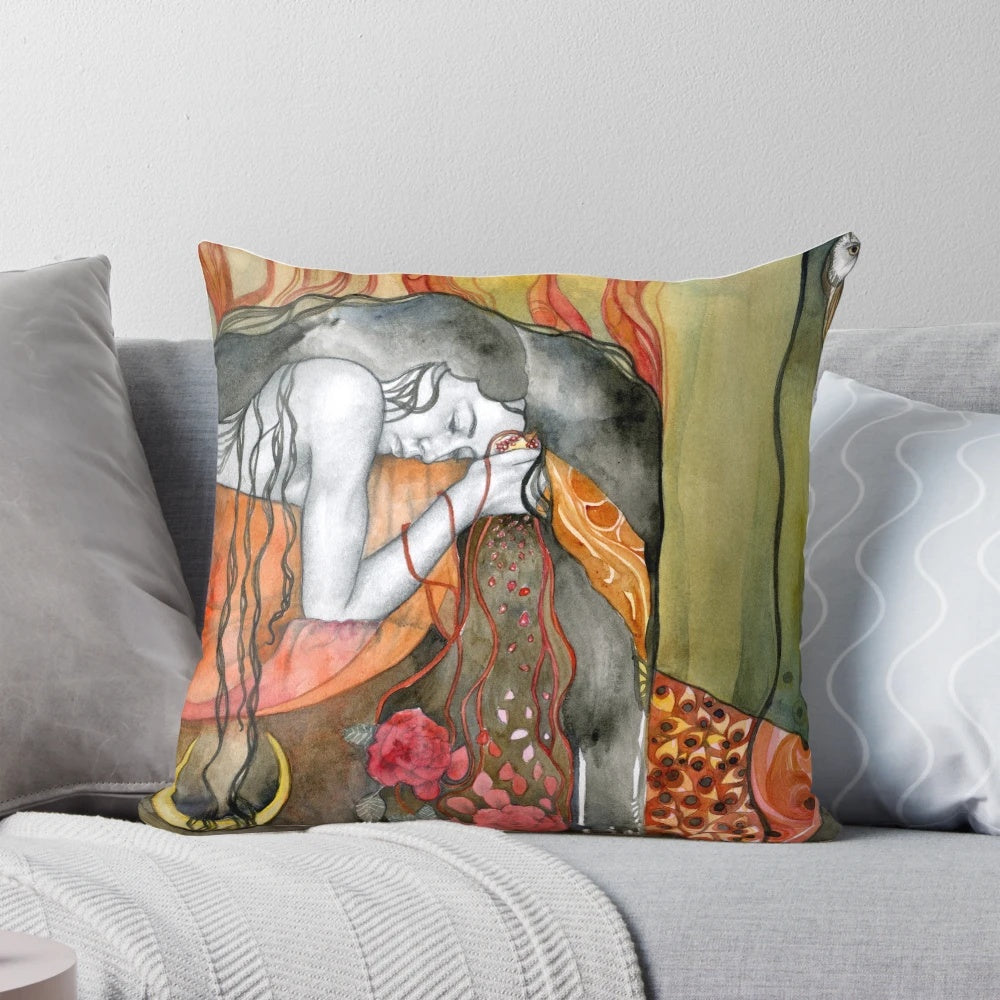 Watercolor illustration of Persephone, the Greek goddess of spring, on a decorative pillow.