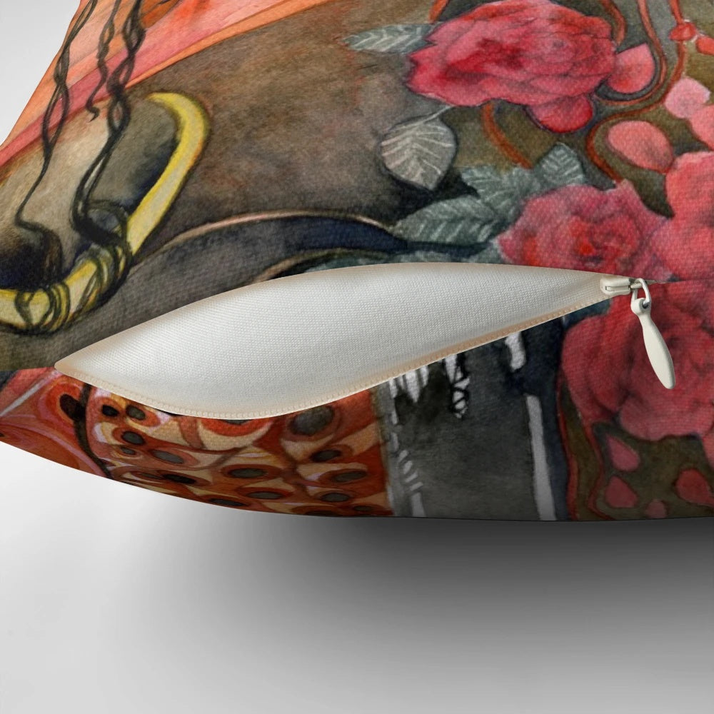 Watercolor illustration of Persephone, the Greek goddess of spring, on a decorative pillow.