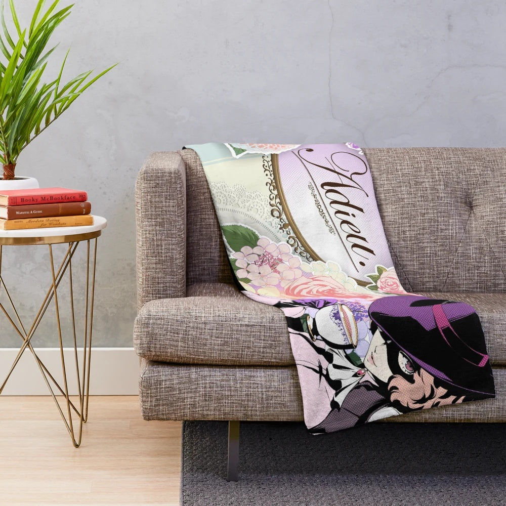 Pink plush blanket featuring Persona 5 character Haru Okumura