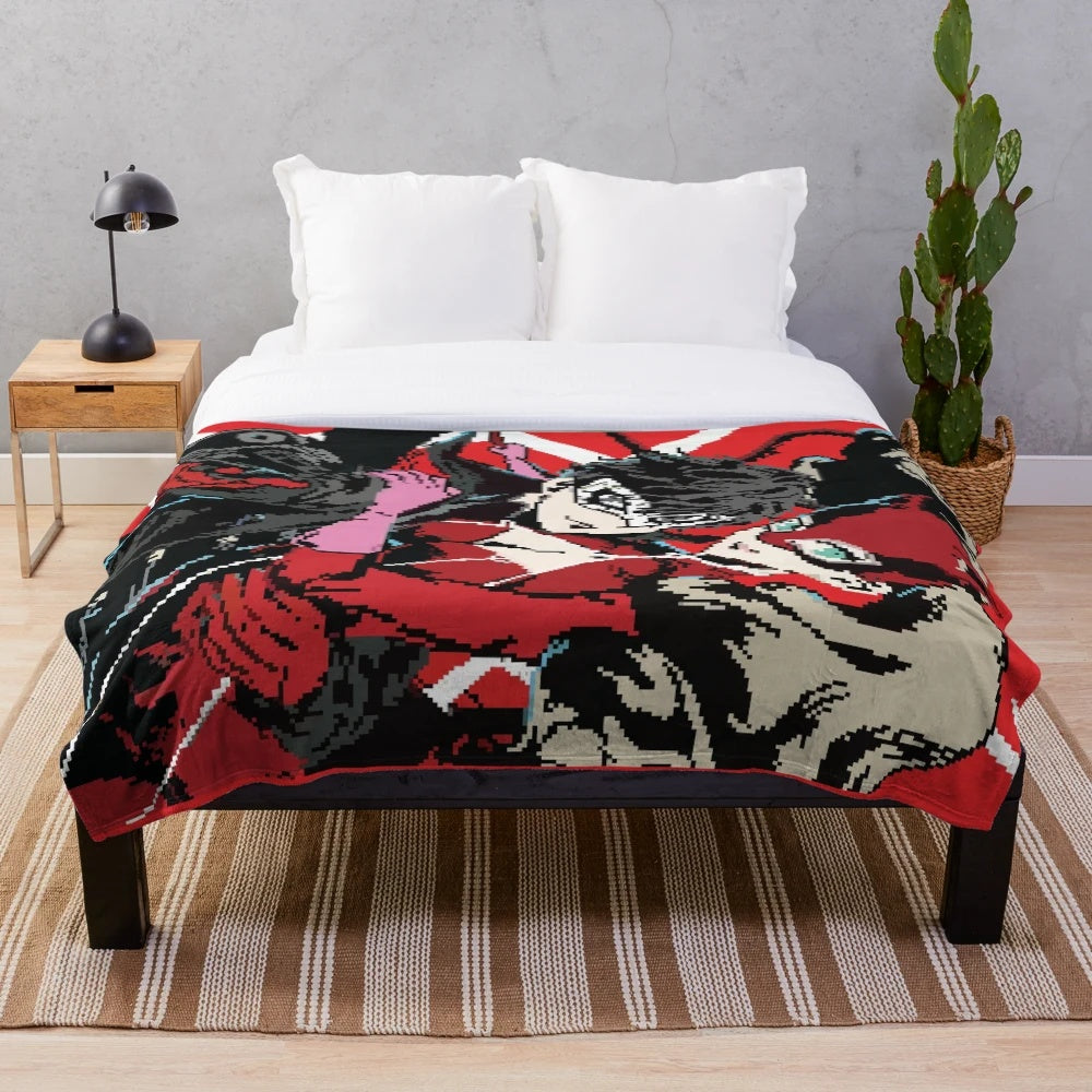 Persona 5 inspired pixel art plush blanket