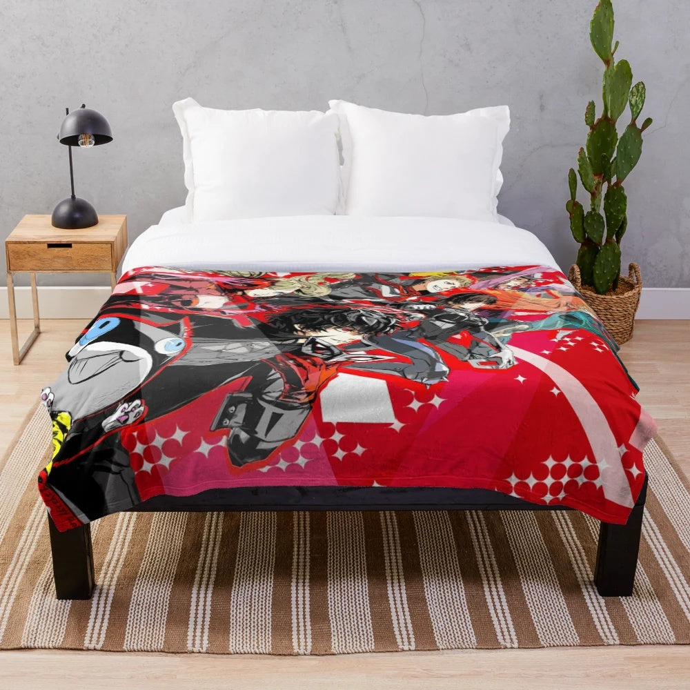 Persona 5 inspired plush blanket featuring characters from the popular anime-style video game