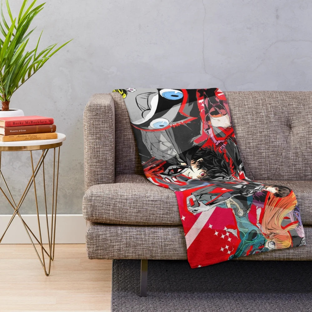 Persona 5 inspired plush blanket featuring characters from the popular anime-style video game