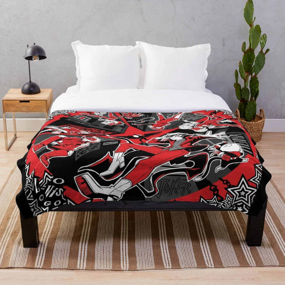 Persona 5 inspired plush blanket with characters Joker, Panther, Skull, Futaba, and Morgana