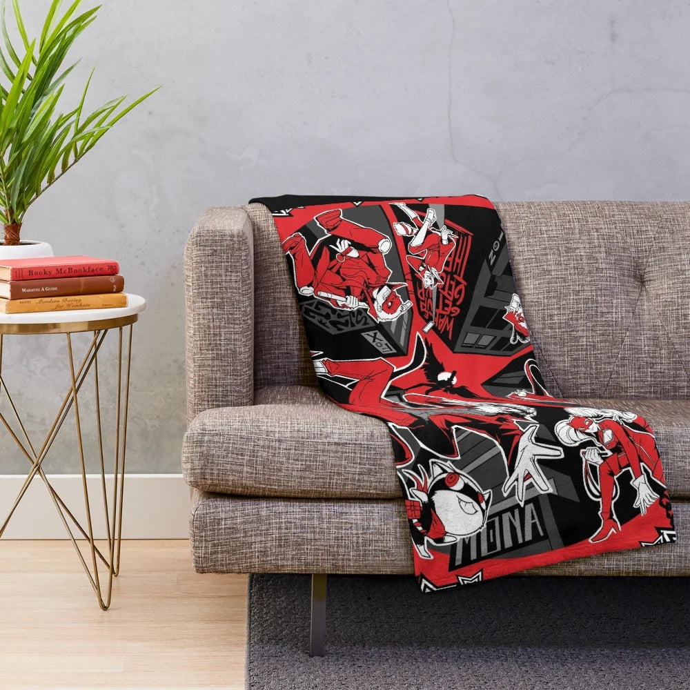 Persona 5 inspired plush blanket with characters Joker, Panther, Skull, Futaba, and Morgana