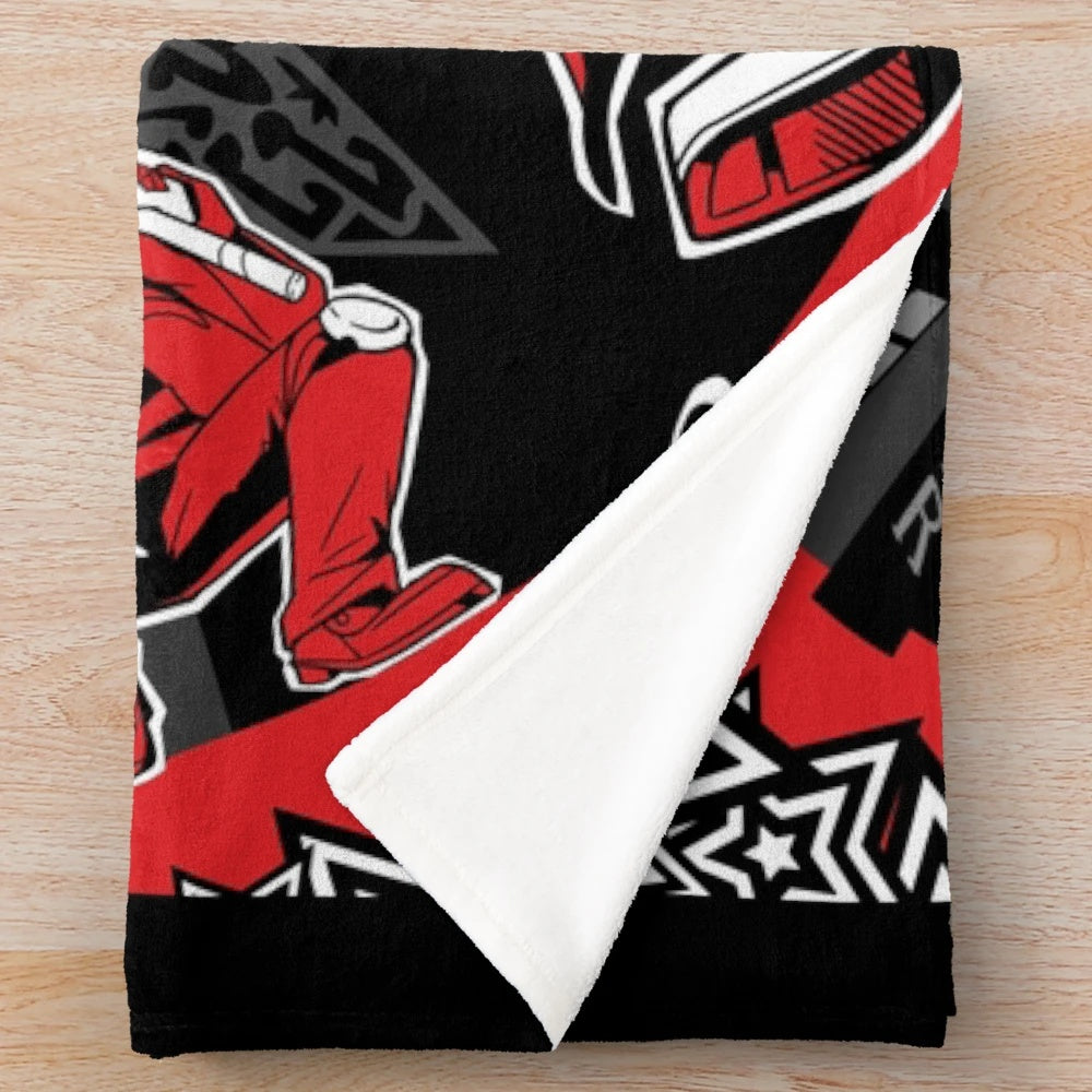 Persona 5 inspired plush blanket with characters Joker, Panther, Skull, Futaba, and Morgana