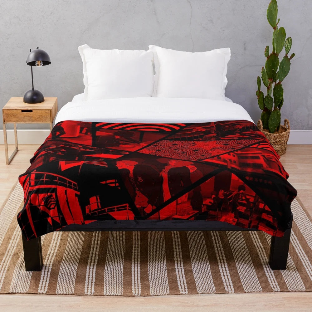 Persona-inspired plush blanket with red and stars anime design