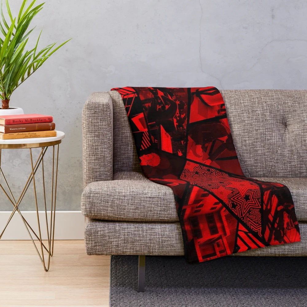 Persona-inspired plush blanket with red and stars anime design