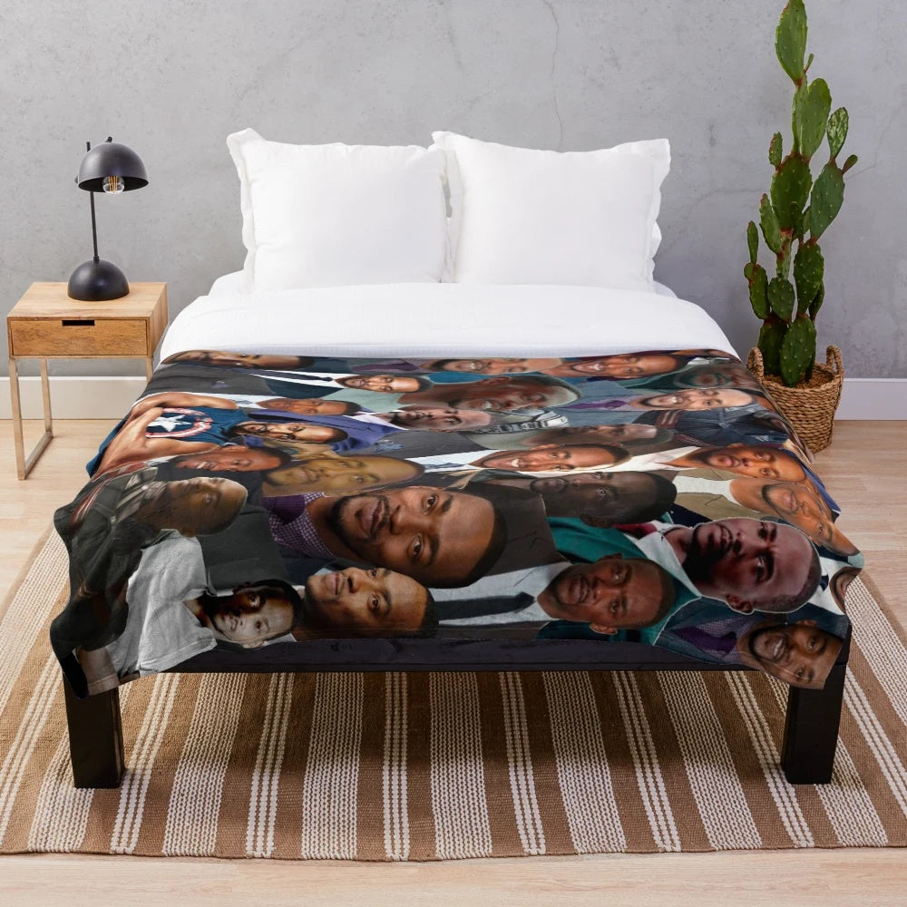 Anthony Mackie photo collage printed on a soft, plush blanket