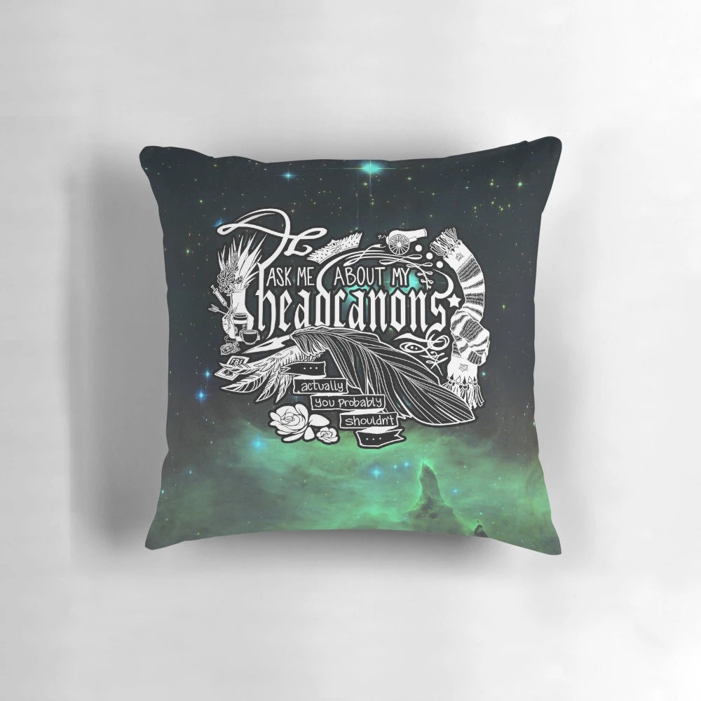 Customizable "Ask Me About My Headcanons" decorative throw pillow with typographic design