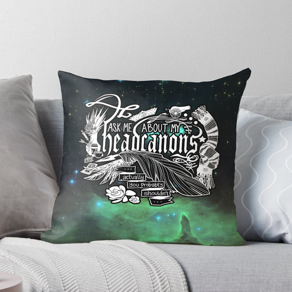 Customizable "Ask Me About My Headcanons" decorative throw pillow with typographic design